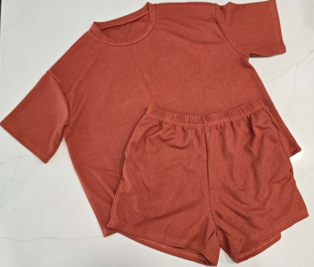 2 Piece Set for Women - Orange-Red Ribbed Lounge Set
